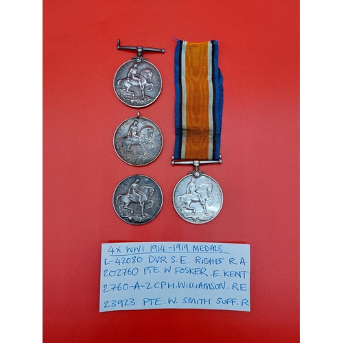 84 - 4 X WW1 1914-1918 medals. L-42080 DVR S E Riches RA, 202760 PTE W Fosker E Kent, 2760 A-2 CPL H Will... 