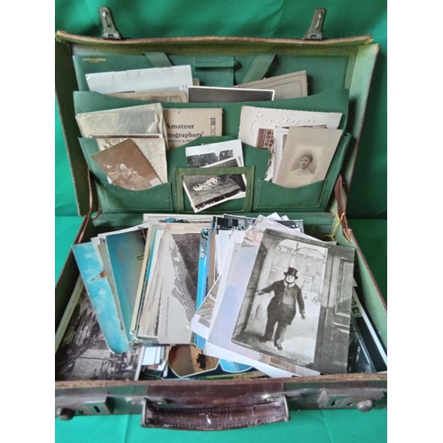 119 - Vintage leathwer case full of postcards and pictures