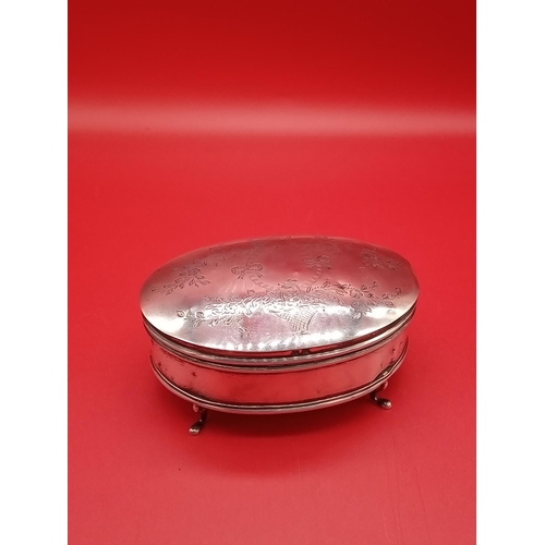 29 - Hallmarked silver trinket box with engraving to the top. 90.2 grams