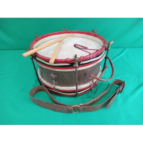 87 - Vintage drum with leathwer strap and drum sticks