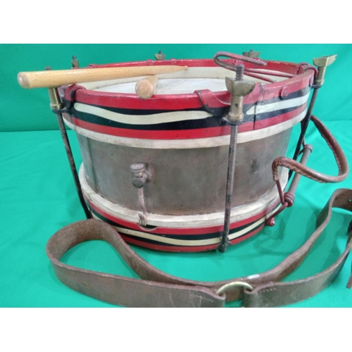 87 - Vintage drum with leathwer strap and drum sticks