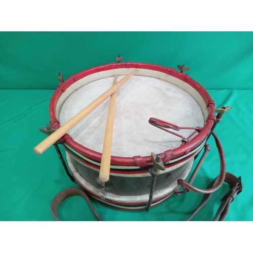 87 - Vintage drum with leathwer strap and drum sticks