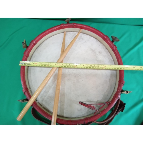 87 - Vintage drum with leathwer strap and drum sticks