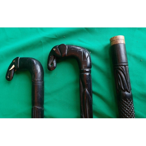 160 - 3 x African hand carved walking sticks