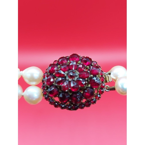 27 - Pearl necklace with beautiful Ruby clasp. 50 stones in total