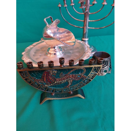 90 - Different items including Jewish menorah candle sticks