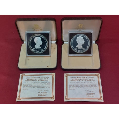 128 - 2 x Silver proof 1978 Bahamas Fifth Anniversary of Independence ten dollar coins