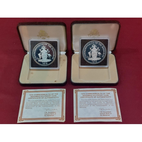 128 - 2 x Silver proof 1978 Bahamas Fifth Anniversary of Independence ten dollar coins