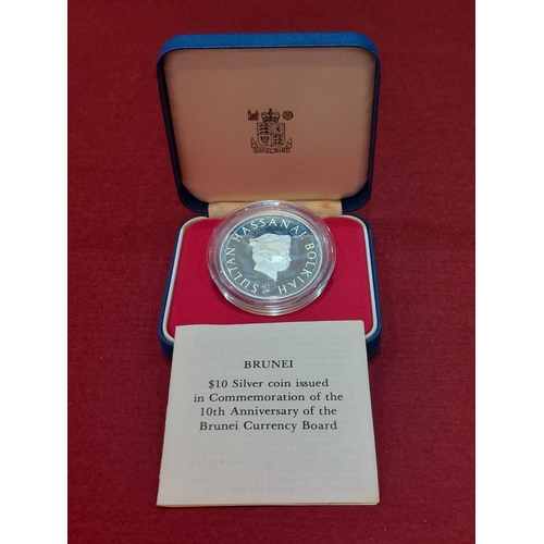 131 - Brunei 10th anniversary of currency 10 dollar silver proof coin 10,000 issued