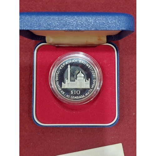 131 - Brunei 10th anniversary of currency 10 dollar silver proof coin 10,000 issued