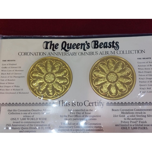 198 - The Queens Beasts Coronation anniversary First Day Covers and 2 22ct gold on silver proof medals, 65... 