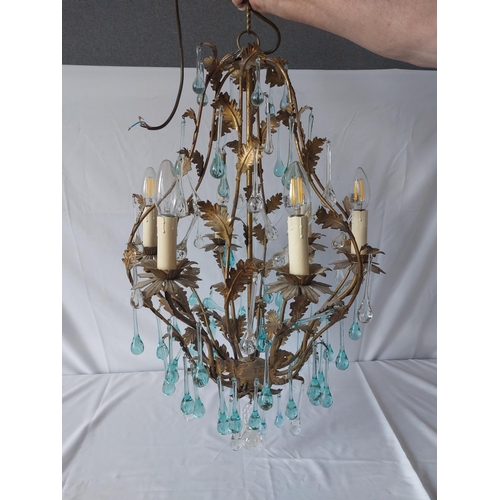 214 - Elegant French chandelier with gilded leaf work and glass drops in clear and pale blue. Approx 1 met... 