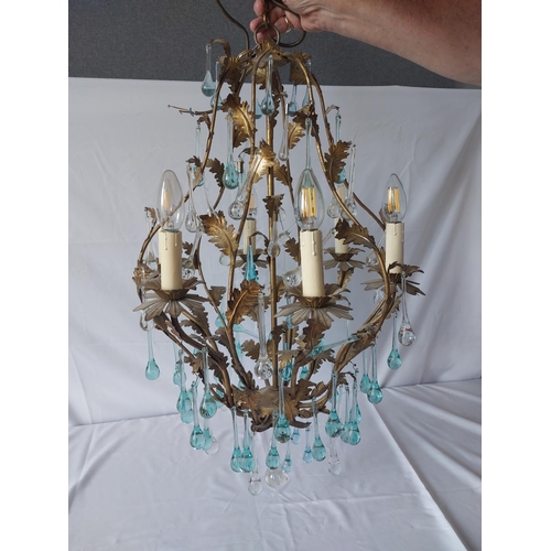 214 - Elegant French chandelier with gilded leaf work and glass drops in clear and pale blue. Approx 1 met... 