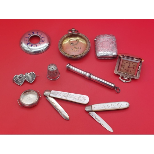 67 - Hallmarked silver items including vesta, fruit knives, travel clock etc