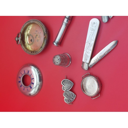 67 - Hallmarked silver items including vesta, fruit knives, travel clock etc