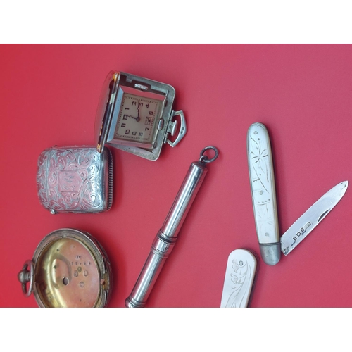 67 - Hallmarked silver items including vesta, fruit knives, travel clock etc