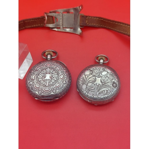 68 - 2 x silver hallmarked pocket watches with unusual wrist watch holder