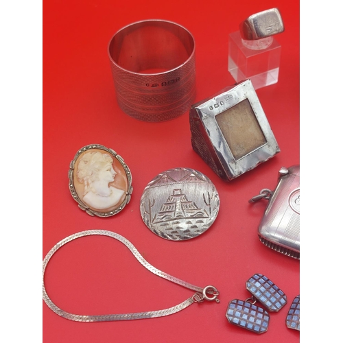 72 - Collection of silver hallmarked items including vesta, book mark, napkin rings etc. 188 grams