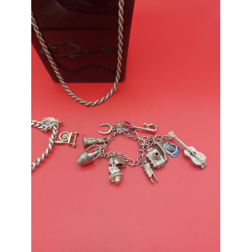 73 - 2 x hallmarked silver charm bracelets with extra charms and necklace