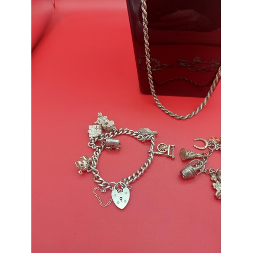 73 - 2 x hallmarked silver charm bracelets with extra charms and necklace