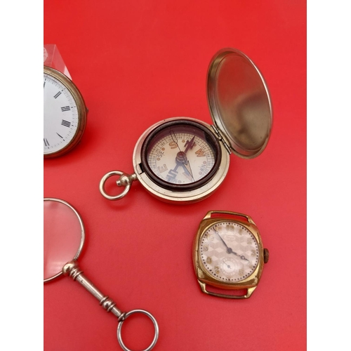 74 - Collection of items including pocketwatch, compass, pince nez and wristwatch.