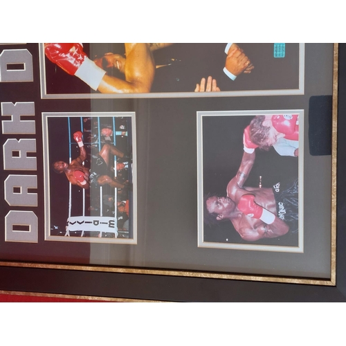 225 - Nigel Benn The Dark Destroyer signed and framed boxing montage. Length 93cm Height 63 cm. With authe... 