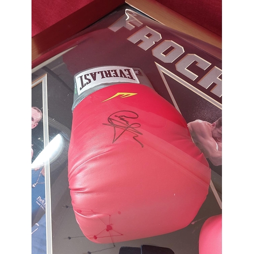 229 - Carl Froch and George Groves signed gloves and boxing montage with plastic convex cover. Length 90cm... 