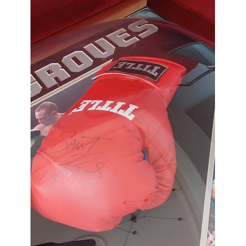 229 - Carl Froch and George Groves signed gloves and boxing montage with plastic convex cover. Length 90cm... 