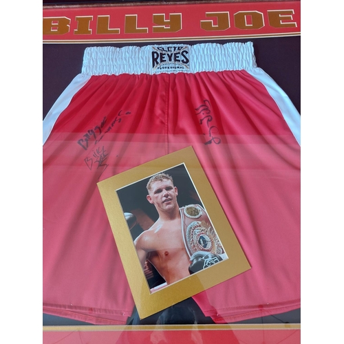 231 - Billy Joe Saunders / Tibbi signed boxing trunks length 83cm Height 83cm. With authenticity certifica... 