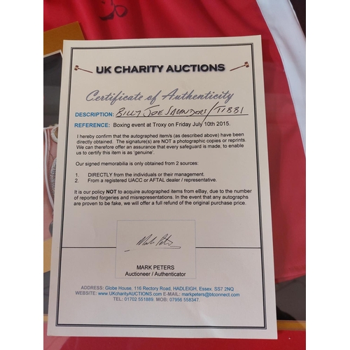 231 - Billy Joe Saunders / Tibbi signed boxing trunks length 83cm Height 83cm. With authenticity certifica... 