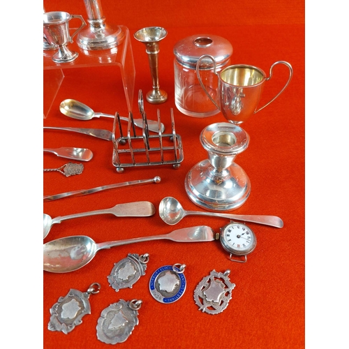 100 - Collection of mixed hallmarked silver. Candle sticks and flutes are filled. Total weight without gla... 