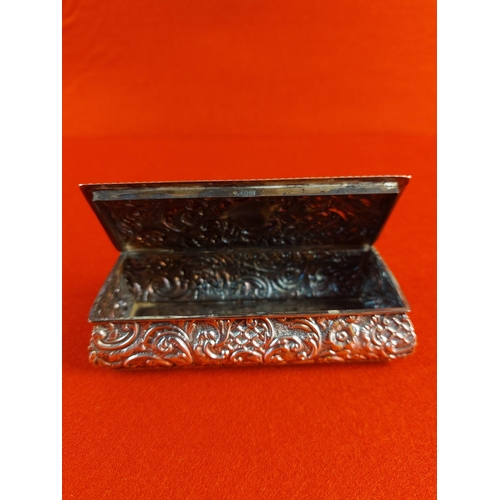 103 - 1902 Silver Chester hallmarked trinket box. Heavily engraved 12cm length 3cm height