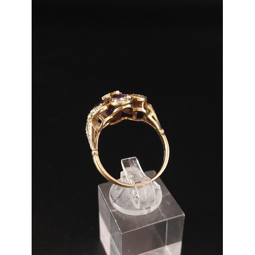 14 - 9ct gold Victorian style Pearl and Amathyst ring. Size V