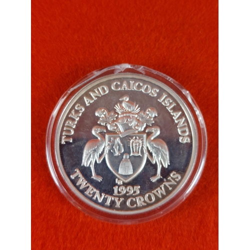 150 - Silver proof 1995 Turks and Caicos Islands 20 crowns coin.