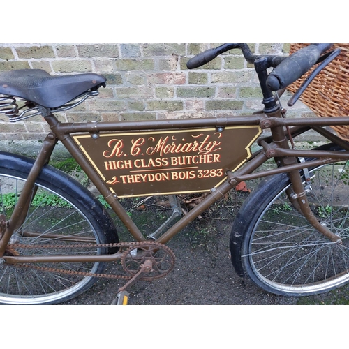 198 - Barn find butchers tradesman bike with original butchers advertising plate.