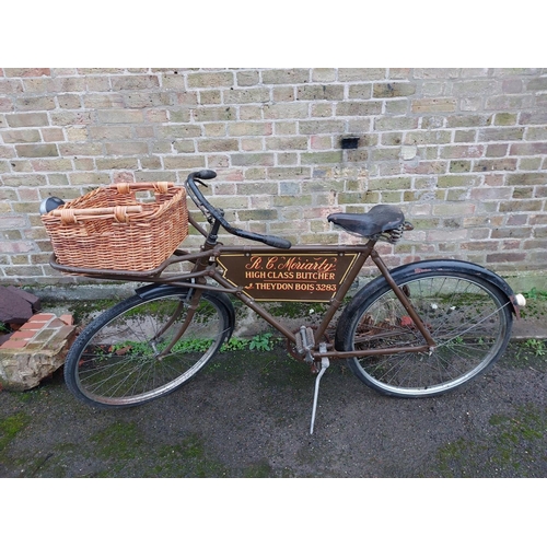 198 - Barn find butchers tradesman bike with original butchers advertising plate.