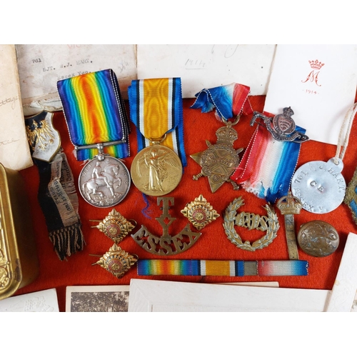 204 - WW1 collection including trio from SJT.W.J.HART ESSEX YEO. Collection includes medals, dog tag, chri... 