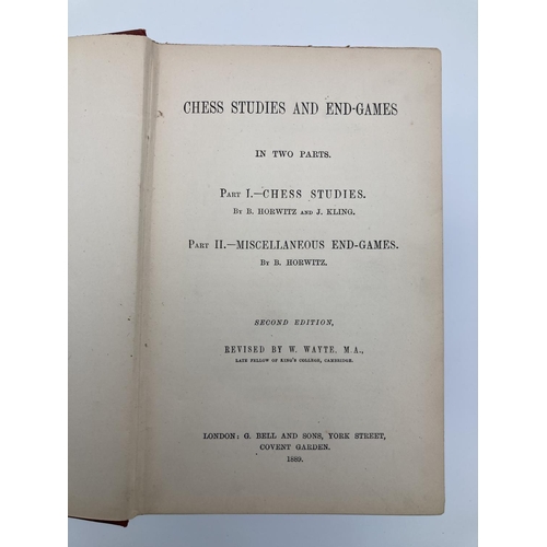 329 - Rare book on Chess Studies and End Games 1889, 2nd Edition Horwitz/Kling. Red cloth gilt-decoration.... 