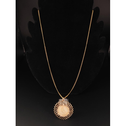 43 - 1889 full sovereign in 9ct gold mount and 9ct gold chain. Length 61cm 19.2 grams