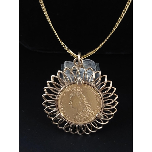 43 - 1889 full sovereign in 9ct gold mount and 9ct gold chain. Length 61cm 19.2 grams