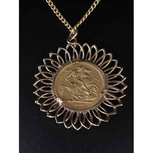 43 - 1889 full sovereign in 9ct gold mount and 9ct gold chain. Length 61cm 19.2 grams