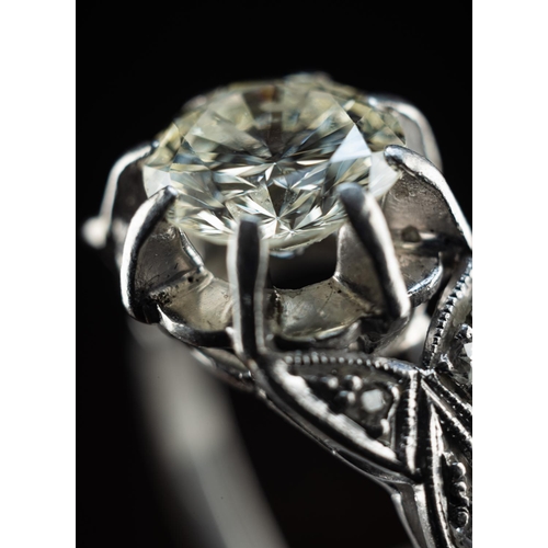 67 - Platinum (950) ring set with one 1.60 carat Transitional cut diamond. Clarity VS1, colour grade L. T... 