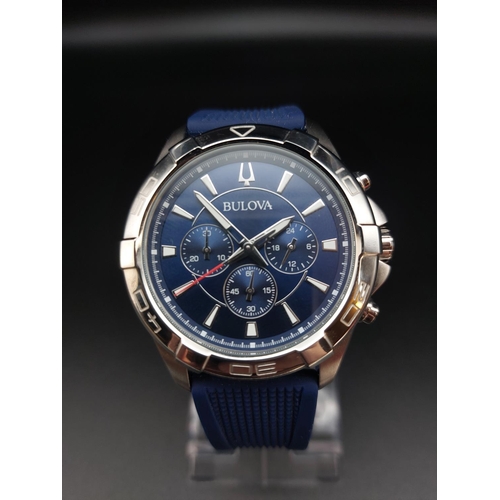 92 - Bulova 96K103 quartz mens chronograph watch with blue dial and silicon band.