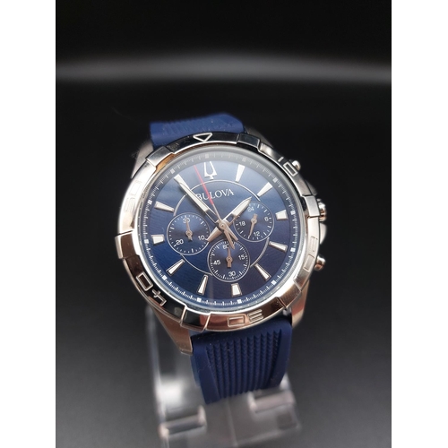 92 - Bulova 96K103 quartz mens chronograph watch with blue dial and silicon band.