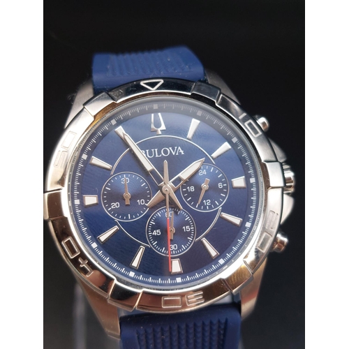 92 - Bulova 96K103 quartz mens chronograph watch with blue dial and silicon band.