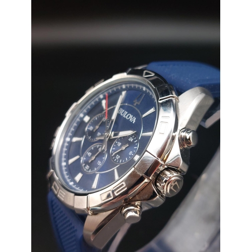 92 - Bulova 96K103 quartz mens chronograph watch with blue dial and silicon band.