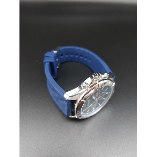 92 - Bulova 96K103 quartz mens chronograph watch with blue dial and silicon band.