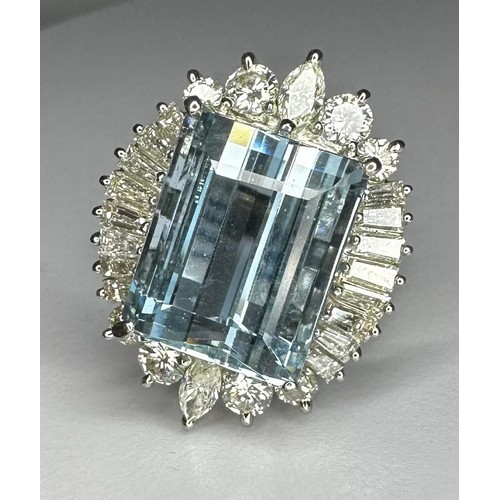 75 - Stunning Aquamarine and Diamond cluster ring 15mm x12mm rectangular centre stone surrounded by two .... 