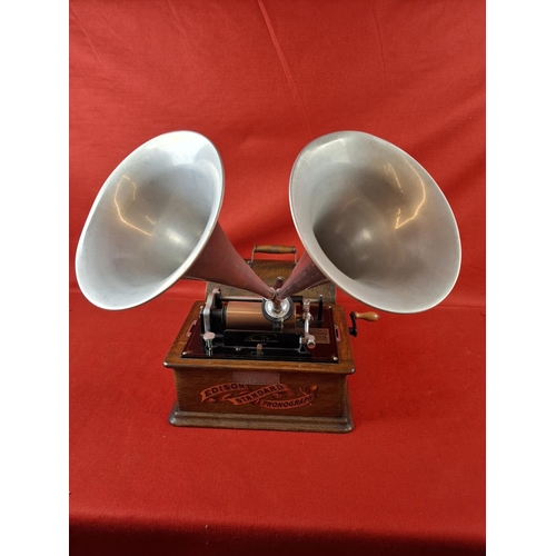 110 - Thomas Edison Type 2 Standard No. S81793 phonograph. In oak case, original lid and twin metal horn. ... 