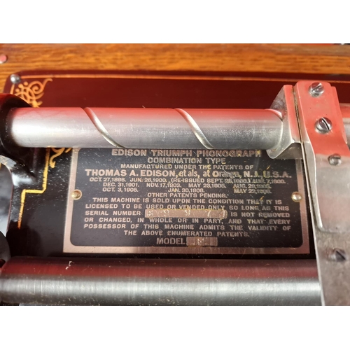 111 - Thomas Edison Triumph model F No. 89974 phonograph. In oak case and original lid. Top section in ver... 